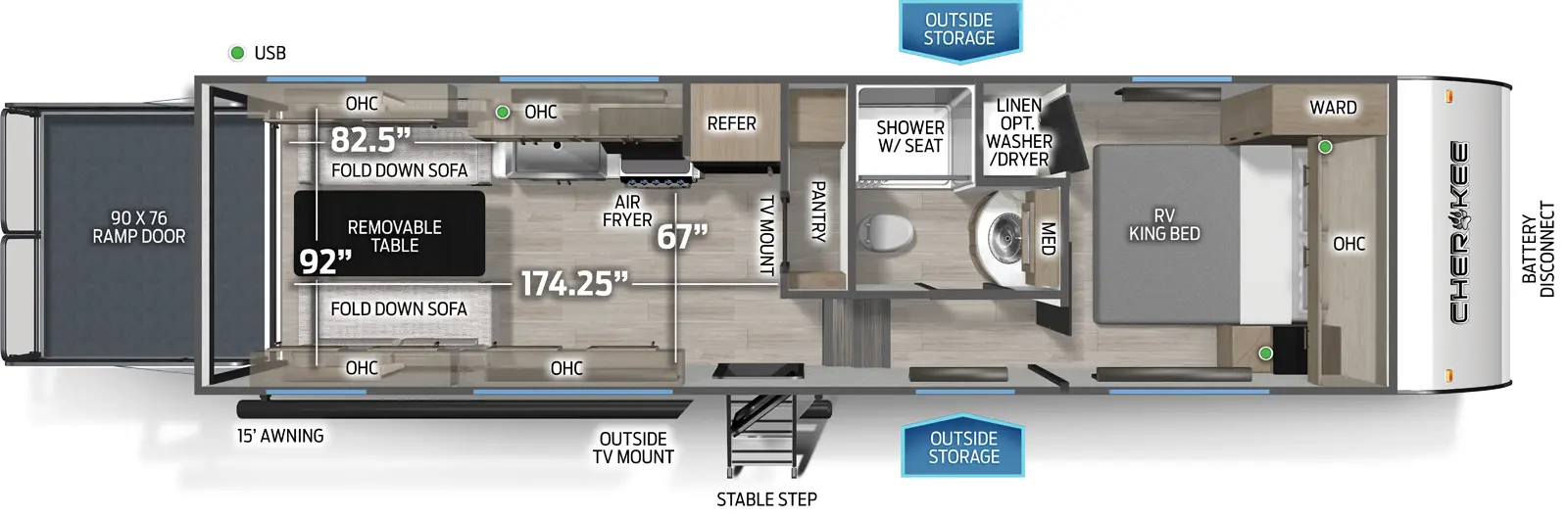 The Cherokee Black Label 256RRBL floorplan is a toy hauler that has one entry and zero slide outs. Exterior features include: fiberglass exterior and 15' awning. Interiors features include: front bedroom.